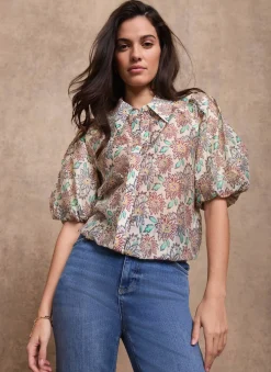 New Green Floral Print Puff Sleeve Shirt Shirts & Blouses|All Tops