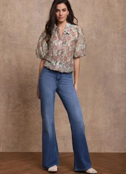 New Green Floral Print Puff Sleeve Shirt Shirts & Blouses|All Tops