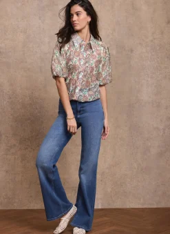 New Green Floral Print Puff Sleeve Shirt Shirts & Blouses|All Tops