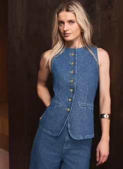 Discount Indigo Denim Longline Waistcoat Waistcoats|Denim Jackets