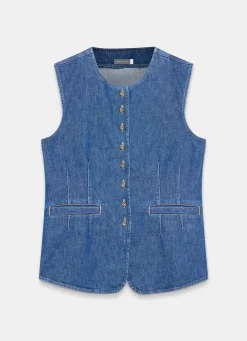 Discount Indigo Denim Longline Waistcoat Waistcoats|Denim Jackets