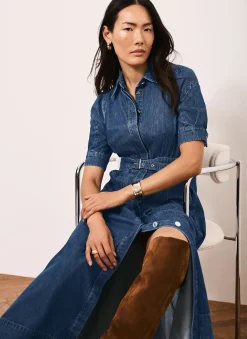 New Indigo Denim Midi Shirt Dress Midi Dresses|Denim Dresses