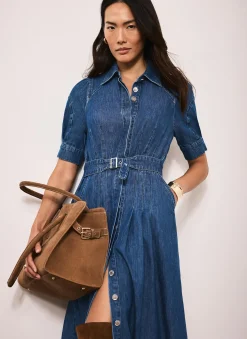 New Indigo Denim Midi Shirt Dress Midi Dresses|Denim Dresses