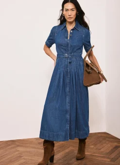 New Indigo Denim Midi Shirt Dress Midi Dresses|Denim Dresses