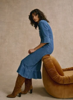 Online Indigo Denim Midi Shirt Dress Midi Dresses|Denim Dresses