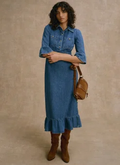 Online Indigo Denim Midi Shirt Dress Midi Dresses|Denim Dresses