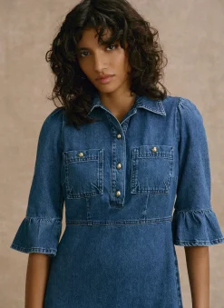 Online Indigo Denim Midi Shirt Dress Midi Dresses|Denim Dresses