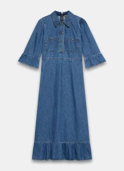 Online Indigo Denim Midi Shirt Dress Midi Dresses|Denim Dresses