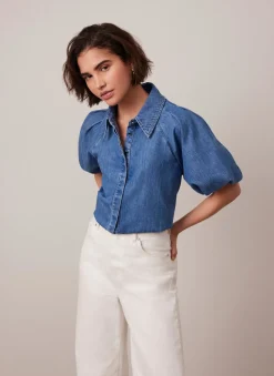 Online Indigo Denim Puff Sleeve Shirt Shirts & Blouses