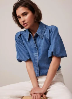 Online Indigo Denim Puff Sleeve Shirt Shirts & Blouses