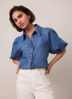 Online Indigo Denim Puff Sleeve Shirt Shirts & Blouses