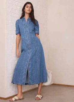 Indigo Denim Scallop Detail Midi Dress Summer Dresses|Midi Dresses