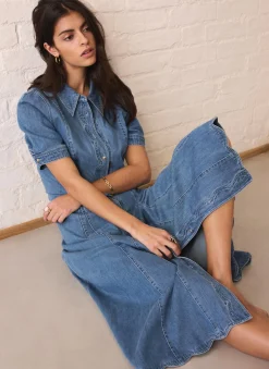 Indigo Denim Scallop Detail Midi Dress Summer Dresses|Midi Dresses