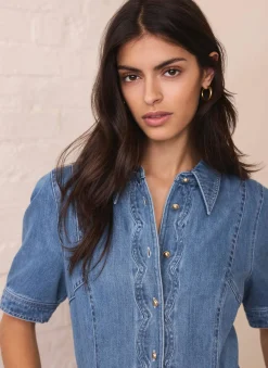 Indigo Denim Scallop Detail Midi Dress Summer Dresses|Midi Dresses
