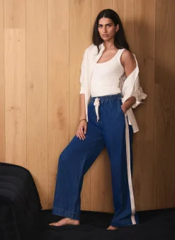 Best Indigo Tie Waist Side Stripe Wide Jeans Wide Leg Jeans