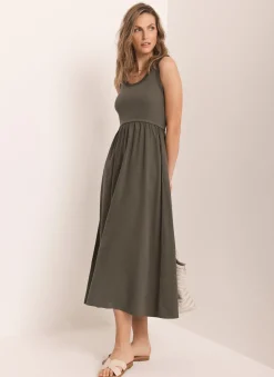 Hot Ruched Trim Cotton Midi Dress Summer Dresses|Midi Dresses