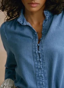 New Mid Indigo Denim Contrast Cuff Blouse Shirts & Blouses