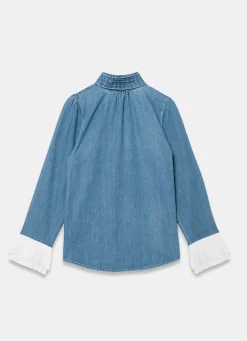 New Mid Indigo Denim Contrast Cuff Blouse Shirts & Blouses