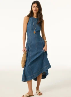 New Mid Indigo Denim Halter Midi Dress Midi Dresses|Denim Dresses