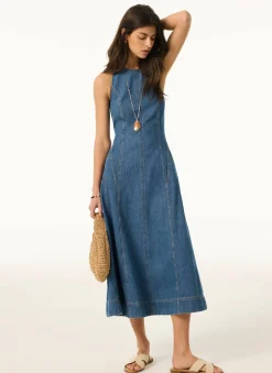 New Mid Indigo Denim Halter Midi Dress Midi Dresses|Denim Dresses