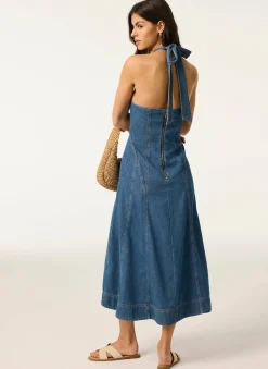 New Mid Indigo Denim Halter Midi Dress Midi Dresses|Denim Dresses