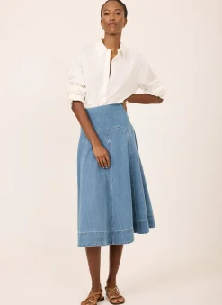 Best Mid Indigo Denim Midi Skirt Midi Skirts|Skirts
