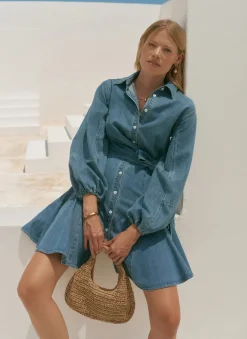 Hot Mid Indigo Denim Mini Shirt Dress Summer Dresses|Mini Dresses