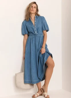 New Mid Indigo Denim Twist Midi Dress Summer Dresses|Midi Dresses
