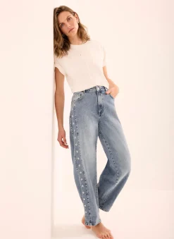 Clearance Mid Indigo Floral Embroidered Tapered Jeans Jeans|Straight Jeans