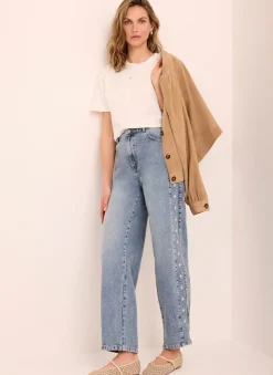 Clearance Mid Indigo Floral Embroidered Tapered Jeans Jeans|Straight Jeans