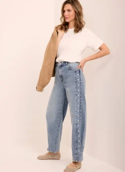 Clearance Mid Indigo Floral Embroidered Tapered Jeans Jeans|Straight Jeans