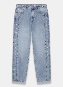 Clearance Mid Indigo Floral Embroidered Tapered Jeans Jeans|Straight Jeans