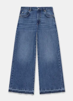Clearance Mid Indigo Hem Detail Wide Leg Jean Jeans|Wide Leg Jeans