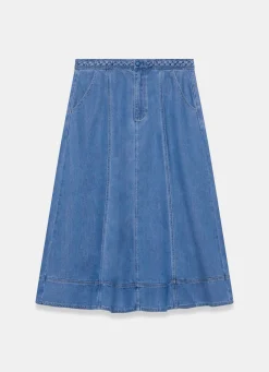 Outlet Mid Indigo Plait Detail Denim Midi Skirt Midi Skirts|Skirts