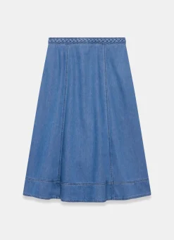 Outlet Mid Indigo Plait Detail Denim Midi Skirt Midi Skirts|Skirts