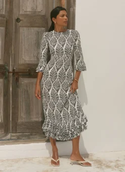Outlet Navy Leaf Print Ruffle Detail Midi Dress Occasion Dresses|Occasion Dresses