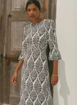 Outlet Navy Leaf Print Ruffle Detail Midi Dress Occasion Dresses|Occasion Dresses