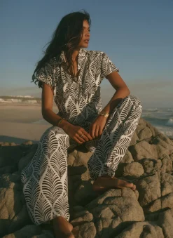 Sale Navy Leaf Print Wide Leg Trousers Wide Leg Trousers|Trousers