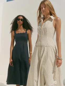Outlet Linen Scallop Trim Midi Dress Summer Dresses|Midi Dresses