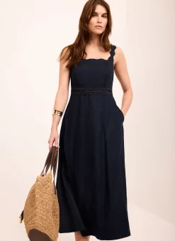 Outlet Linen Scallop Trim Midi Dress Summer Dresses|Midi Dresses