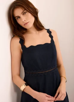 Outlet Linen Scallop Trim Midi Dress Summer Dresses|Midi Dresses