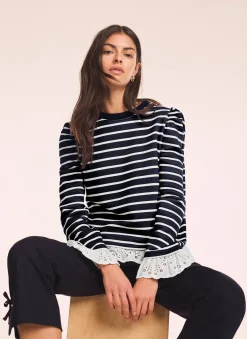 New Stripe Broderie Trim Sweatshirt Sweatshirts|Sweatshirts