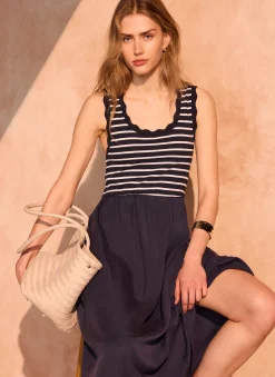 Hot Striped Scallop Trim Midi Dress Summer Dresses|Midi Dresses