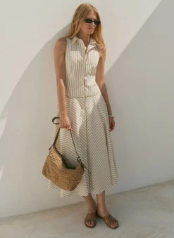 Hot Neutral Cotton Blend Striped Midi Dress Summer Dresses|Midi Dresses