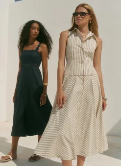 Hot Neutral Cotton Blend Striped Midi Dress Summer Dresses|Midi Dresses