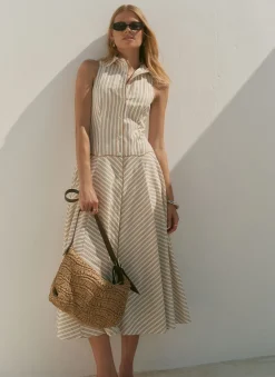 Hot Neutral Cotton Blend Striped Midi Dress Summer Dresses|Midi Dresses