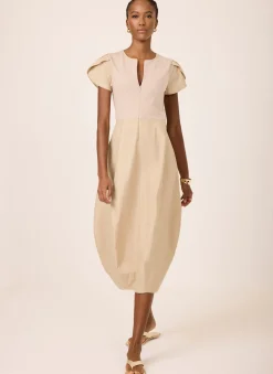 Best Neutral Cotton Blend Tulip Hem Midi Dress Midi Dresses