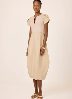 Best Neutral Cotton Blend Tulip Hem Midi Dress Midi Dresses