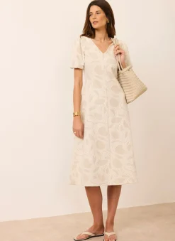 New Neutral Jacquard Puff Sleeve Midi Dress Summer Dresses|Midi Dresses