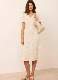 New Neutral Jacquard Puff Sleeve Midi Dress Summer Dresses|Midi Dresses